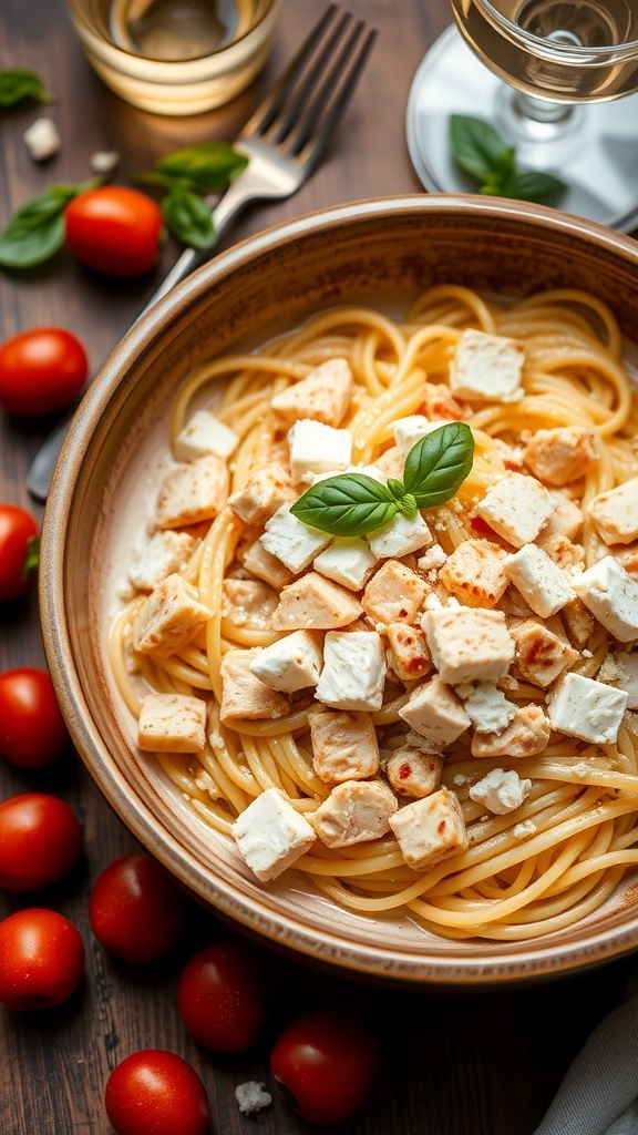 Creamy feta pasta with chicken, garnished with basil and cherry tomatoes, served in a rustic bowl.